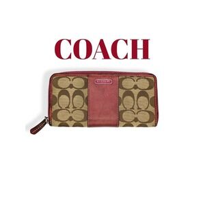 Coach Signature Canvas & Leather Wallet Burgundy Leather Zip Around Continental